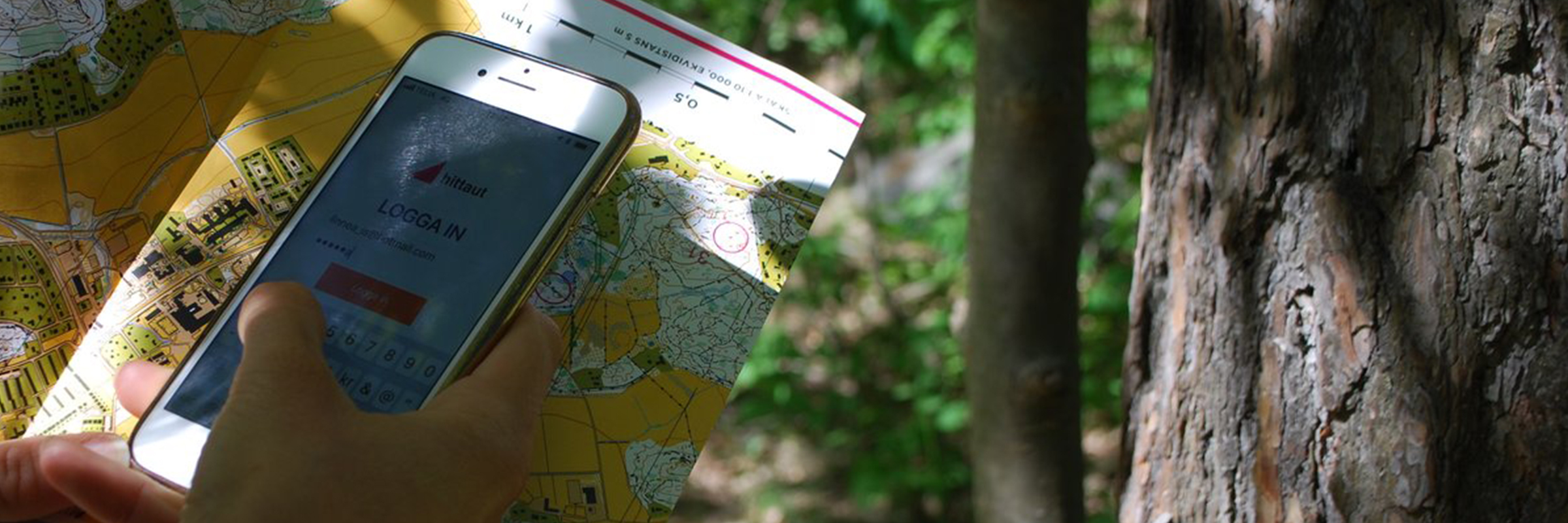 En person håller i en Hittaut-karta och en mobil ute i skogen