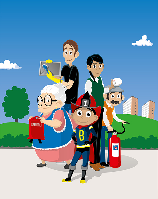 Illustration, en grupp människor som håller i olika brandskydd som till exempel brandfilt, brandsläckare och brandvarnare